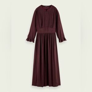Scotch & Soda Midi-length Fitted Waist 3/4 Ruffle Sleeve Dress, Burgundy, size M
